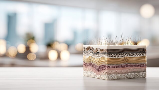 Anatomical skin layers with visible hair follicles, detailed cross-section