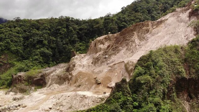 Quarry producing road construction materials beside a road in  Pastaza province, Ecuador. This is an environmentally sensitive rainforest area.