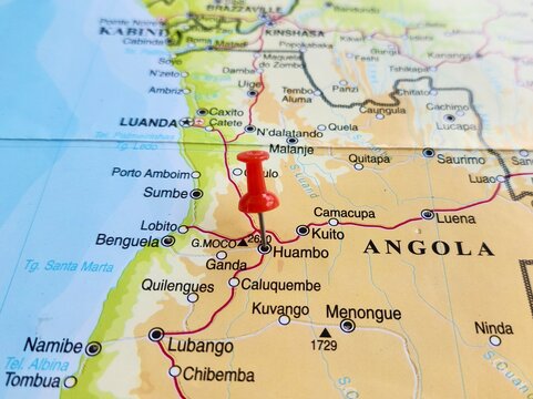 View of Huambo, formerly Nova Lisboa, is the third-most populous city in Angola, on a geographical map of Africa, marked with red push pin