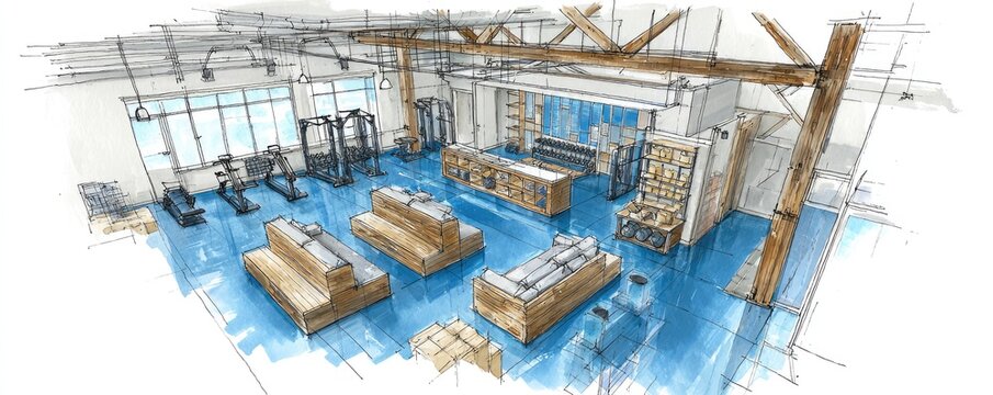Hand-drawn sketch of a modern gym with equipment and retail display