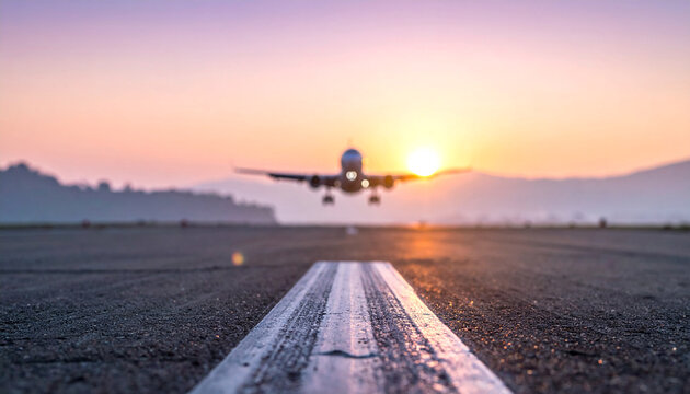  Soaring Into the Horizon: An airliner ascends from the runway into the embrace of a radiant sunset, its silhouette defined against the warm, vibrant sky, hinting at journeys and exploration.