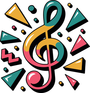 Colorful musical treble clef icon with geometric shapes in nineties retro style vector illustration for graphic art.