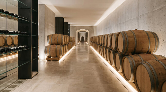 Cave &agrave; vin avec barriques en bois