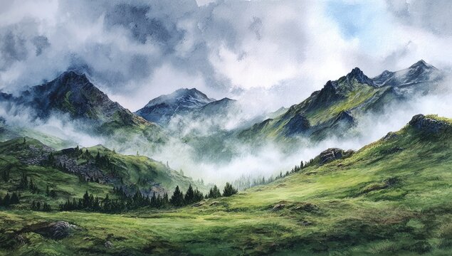 Misty, verdant mountain range with rugged peaks, rolling hills, and pine forests