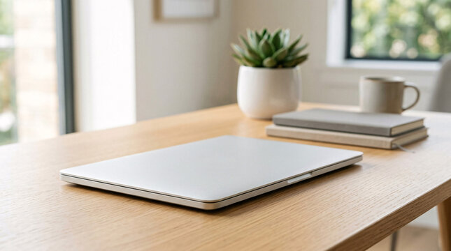 Ordinateur portable ferm&eacute; sur un bureau minimaliste