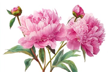 Obraz premium Pink peony flowers with green leaves and buds on white background, close up of blooming garden plants with delicate petals and natural floral beauty in spring season.