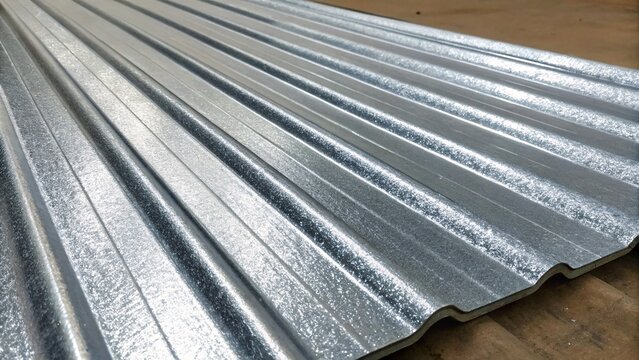 Close-up of corrugated metal sheet with reflective surface
