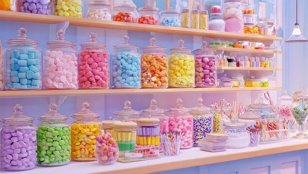 Colorful jars overflowing with sweet treats and candies on shelves