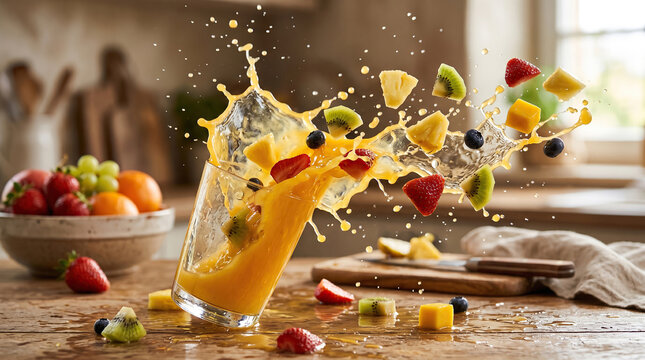 Frozen Motion Splash of Fruit Juice with Flying Fruit Pieces