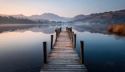 Fototapeta premium Serene wooden pier extending onto still lake with misty mountains at sunrise