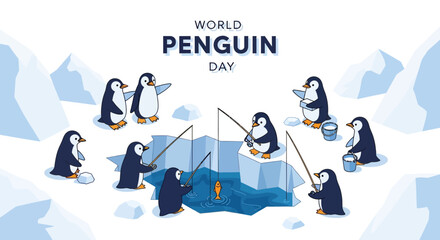 A cheerful World Penguin Day vector illustration featuring a group of penguins fishing on ice floes in the Antarctic, with a bright and playful style against a backdrop of icy terrain © Retno