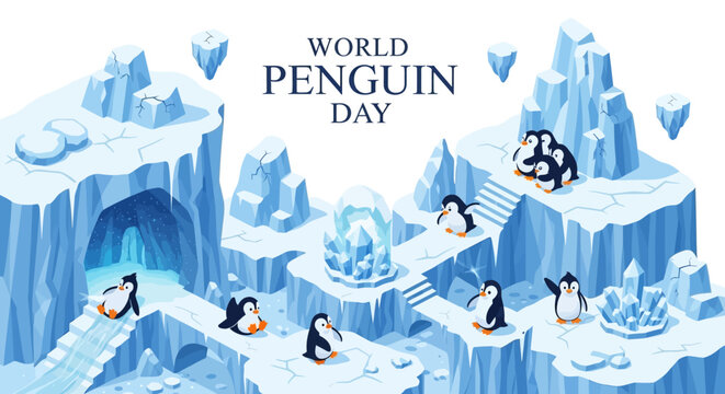 A cheerful World Penguin Day illustration showcases a cute penguin family interacting within an icy Antarctic landscape, rendered in a bright vector style with detailed ice formations
