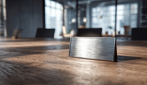Empty metal nameplate on polished wooden conference table, modern office