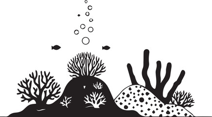 A black and white illustration of a coral reef with fish swimming above it vector silhouette © Mubeen