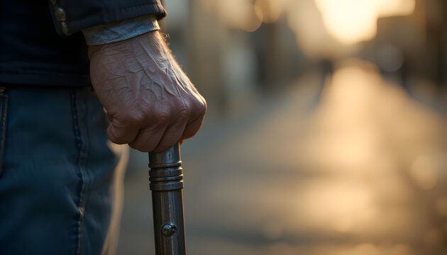 Elderly hand holding cane in warm light close up