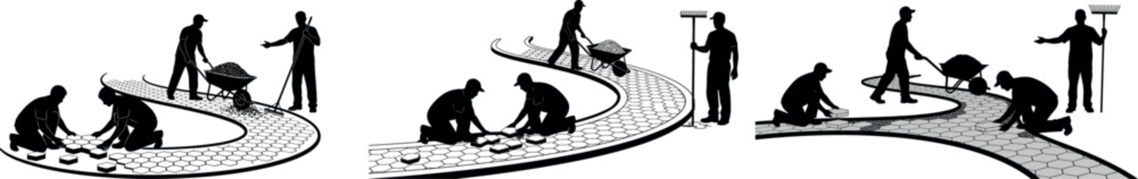 A series of illustrations depicting people engaging in various cleaning activities with brooms and mops on a curved path. vector silhouette
