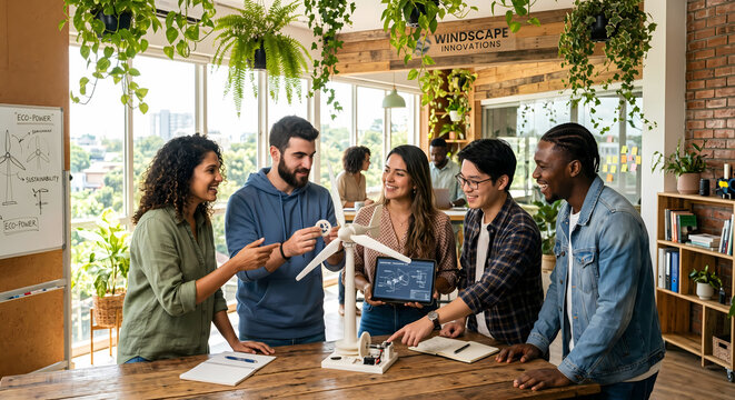 Diverse Young Entrepreneurs Biophilic Office Plants Sustainable Materials Examining 3D Printed Wind Turbine Prototype