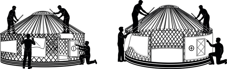 A group of people are setting up a traditional yurt in a field vector silhouette © Mubeen