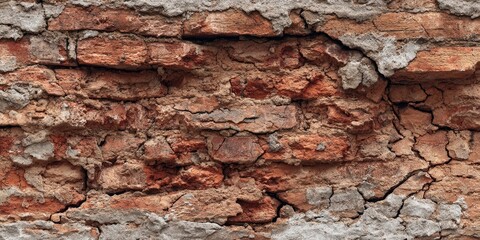 Fototapeta premium Weathered, damaged brick wall with crumbling mortar and cracks