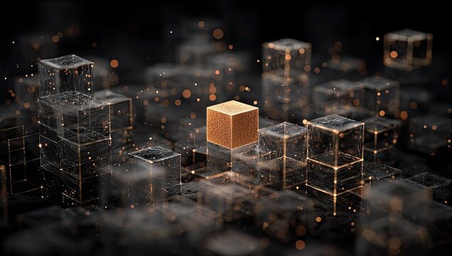 Golden cube stands tall amid glowing, transparent geometric structures