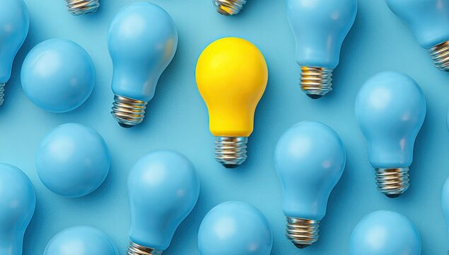 A single yellow lightbulb stands out amongst a sea of blue bulbs