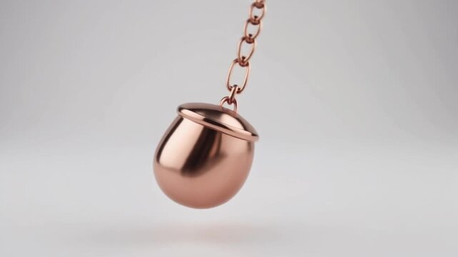 Elegant rose gold acorn shaped pendulum swinging on a delicate chain in a minimalist studio setting