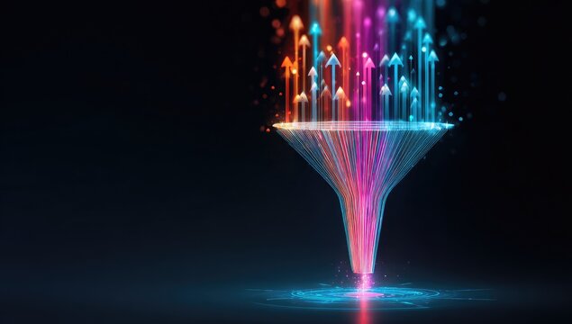 Vibrant funneling light streaks ascend from a dark background, symbolizing transformation
