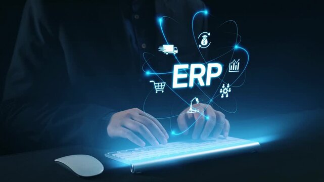 ERP platform visual showing centralized system for enterprise resource planning, improving integration, data flow, business efficiency, finance, inventory, and human resources. Elide