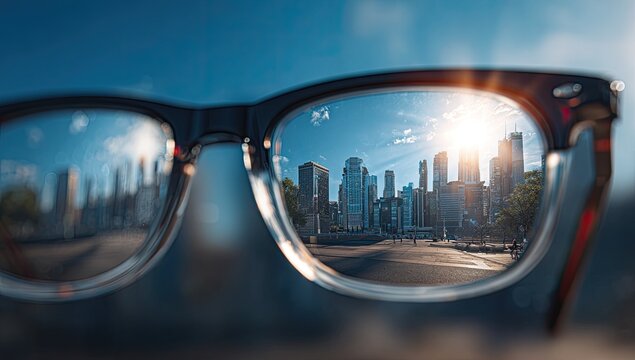 Clear perspective of a modern city skyline through eyeglasses