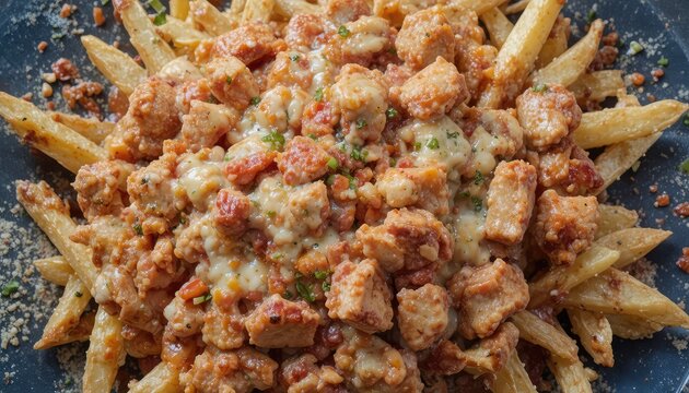 A delicious plate of loaded chicken poutine with melted cheese and herbs