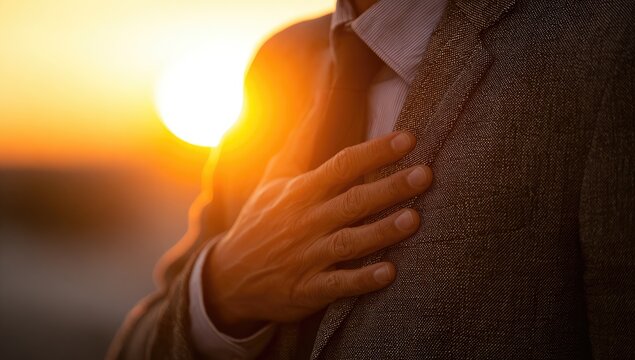 A man in a suit places his hand over his heart against a sunset