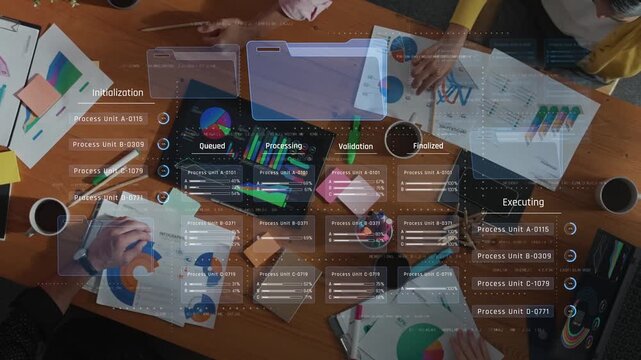 A diverse team gathers around a table, engaging in a collaborative meeting. Digital tools display project management workflows, enhancing productivity and communication. Raster
