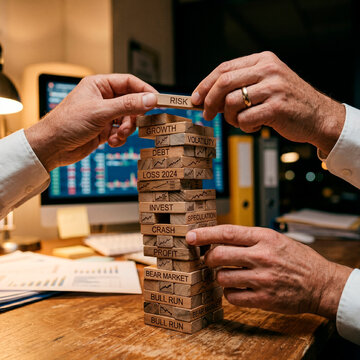 Concepto de riesgo financiero con manos colocando piezas de madera sobre torre inestable