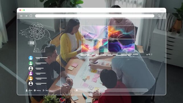 A diverse team engages in a collaborative business meeting, utilizing digital tools for project management and creative brainstorming in a bright, modern office. Raster