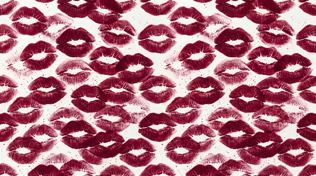 Lipstick kiss print pattern with a repeating motif of rich burgundy red lips on a white background