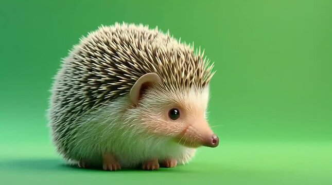 Cute hedgehog looking around on green background