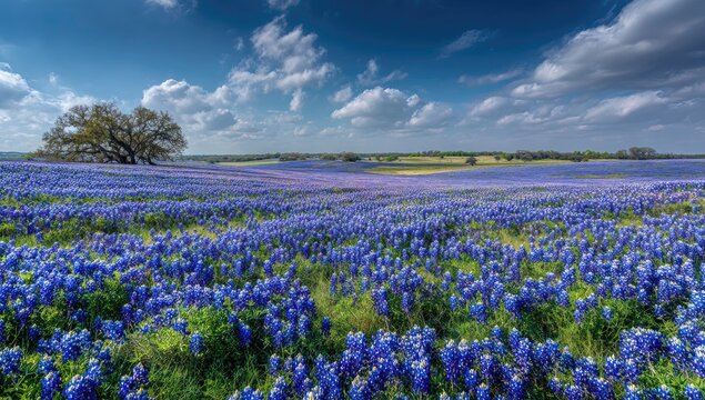 Vast bluebonnet field under a dramatic sky with a lone tree