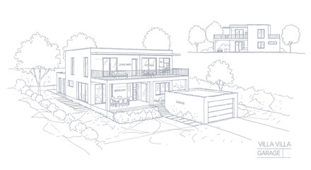 Naklejka premium Architectural blueprint sketch of a modern villa with a detached garage and garden landscaping