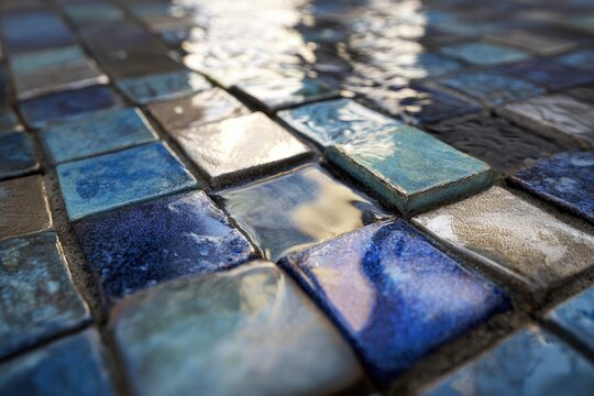 Glazed, textured mosaic tiles in blue and earth tones, with water reflections