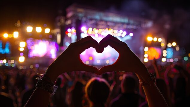 Hands form heart shape at vibrant night music festival with illuminated stage