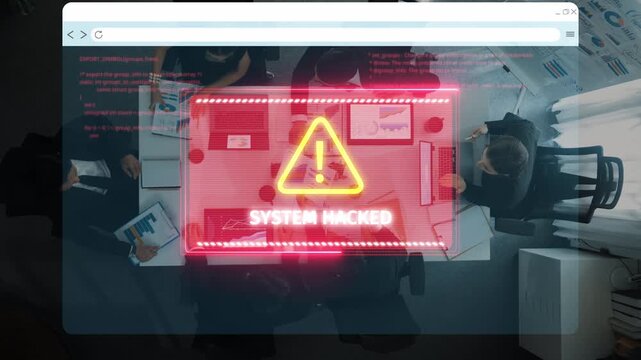 A clear visual representation of a system hack alert over a group discussing cybersecurity in a modern office. The image highlights urgency and teamwork in digital safety. Raster