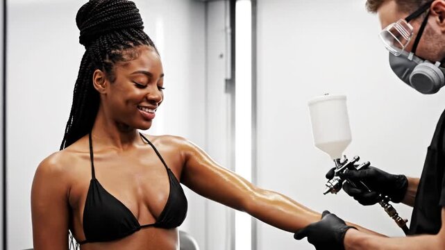 Black woman receiving professional spray tan in modern salon