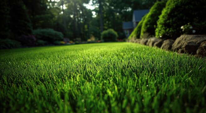 Lush green lawn bathed in golden sunlight, leading to manicured garden beds