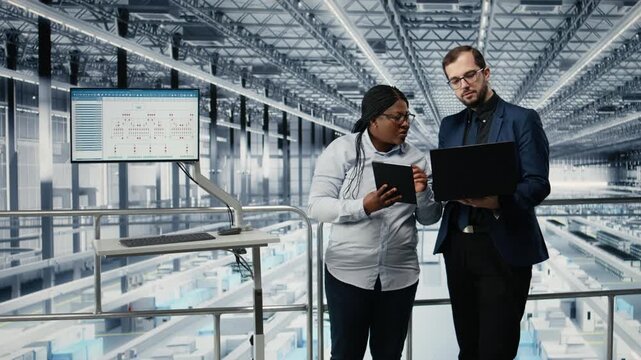 Optimizing workflow, microchips and woman with coworker using EDA software in smart factory. Using simulation tool, semiconductors and teamworking colleagues tracking circuit layout defects, camera A