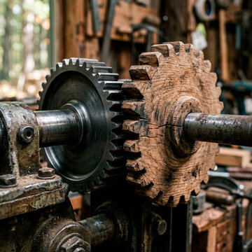 Maquinaria Industrial Vintage y Artesan&iacute;a: Detalle de piezas mec&aacute;nicas de madera y acero, representando la historia de la tecnolog&iacute;a y el trabajo manual.