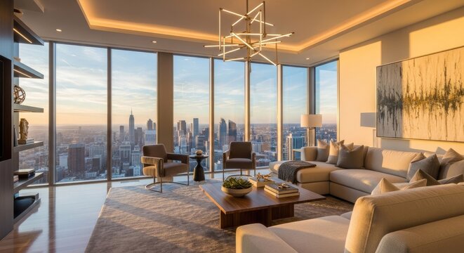 Luxurious High-Rise Apartment Living Room with Panoramic City Views at Sunset.