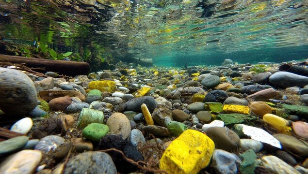 Underwater view of a riverbed with colorful stones and debris