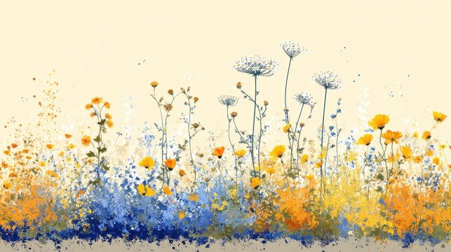 Impressionistic meadow scene features vibrant yellow and blue wildflowers against a pale background.