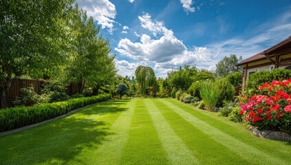 Fototapeta premium Lush green lawn, manicured hedges, blooming roses, and trees under blue sky