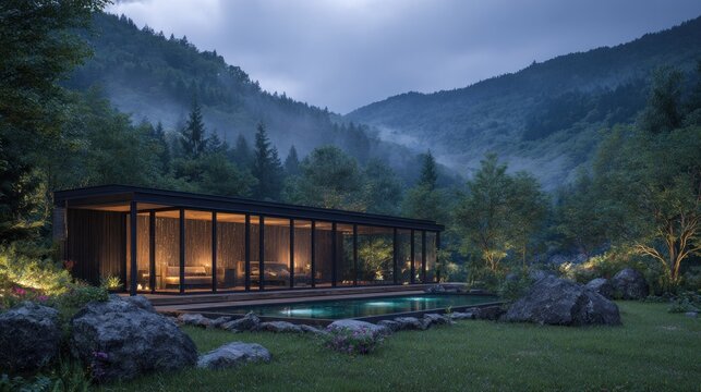 Modern secluded pavilion with illuminated interior sits beside a dark pool against a backdrop of misty mountains and dense forest